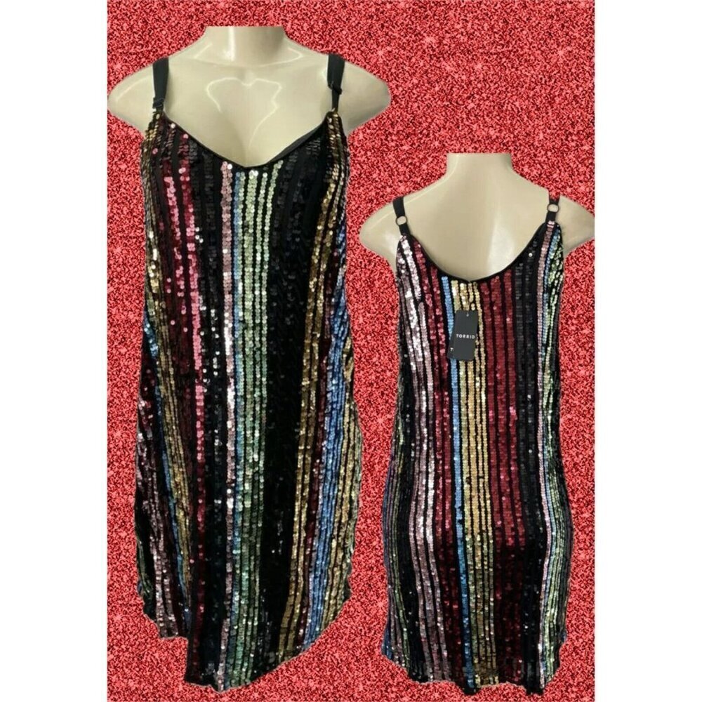 Torrid 10-00 Multi-Color Sequins Vertical Striped Lined V-Neck Mini Slip Dress